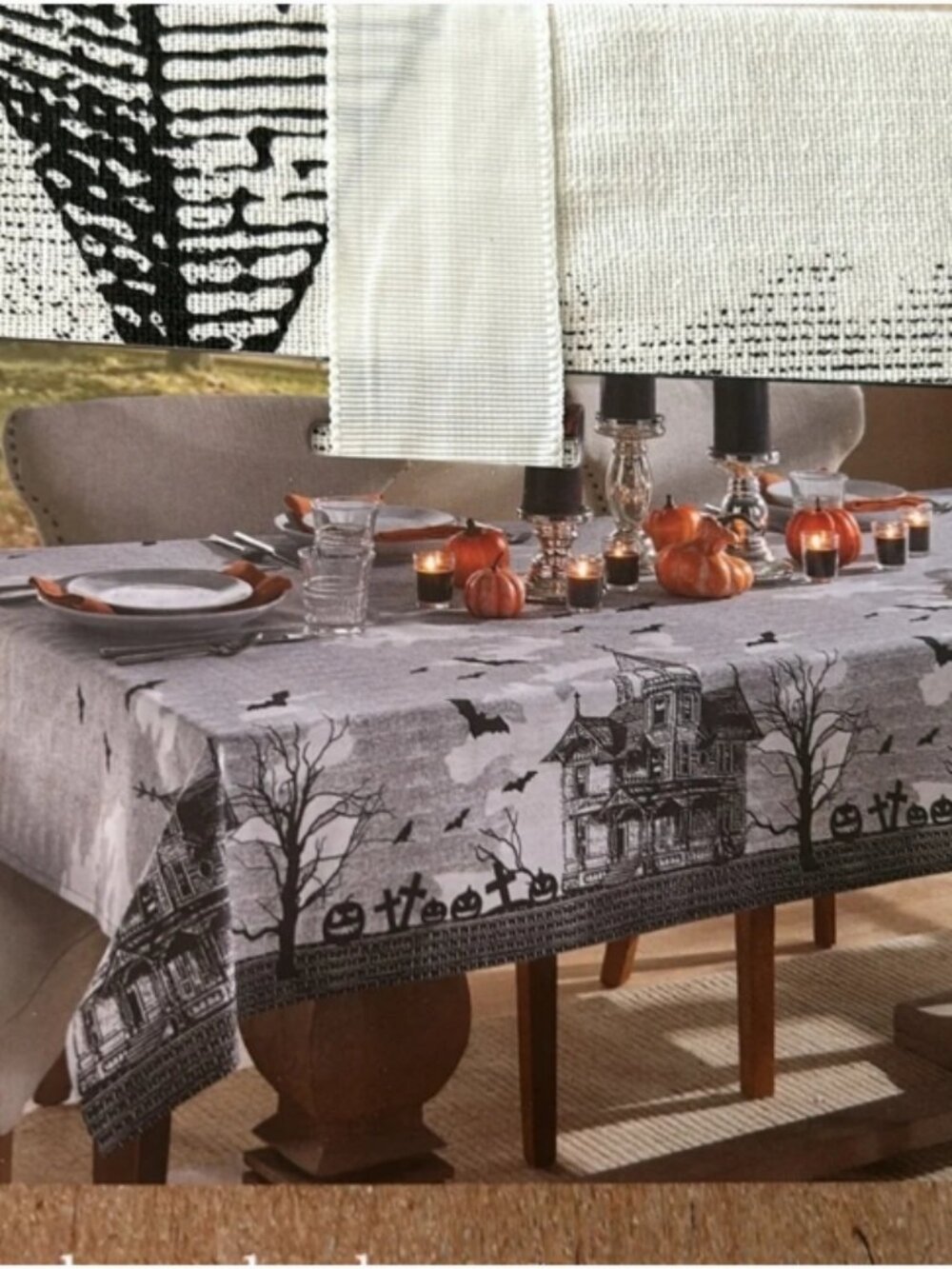 NWT Cupcakes & Cashmere Oblong Tablecloth Haunted House Bats Pumpkin Trees